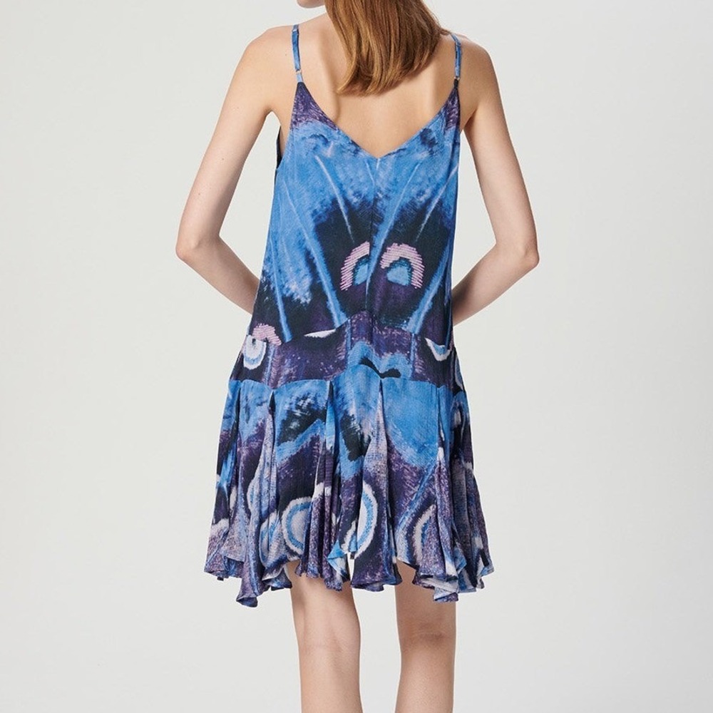 Chufy Iris Mini Dress Petal Skin Blue Butterfly Print Cupro XS Vegan Silk Boho - Picture 4 of 11